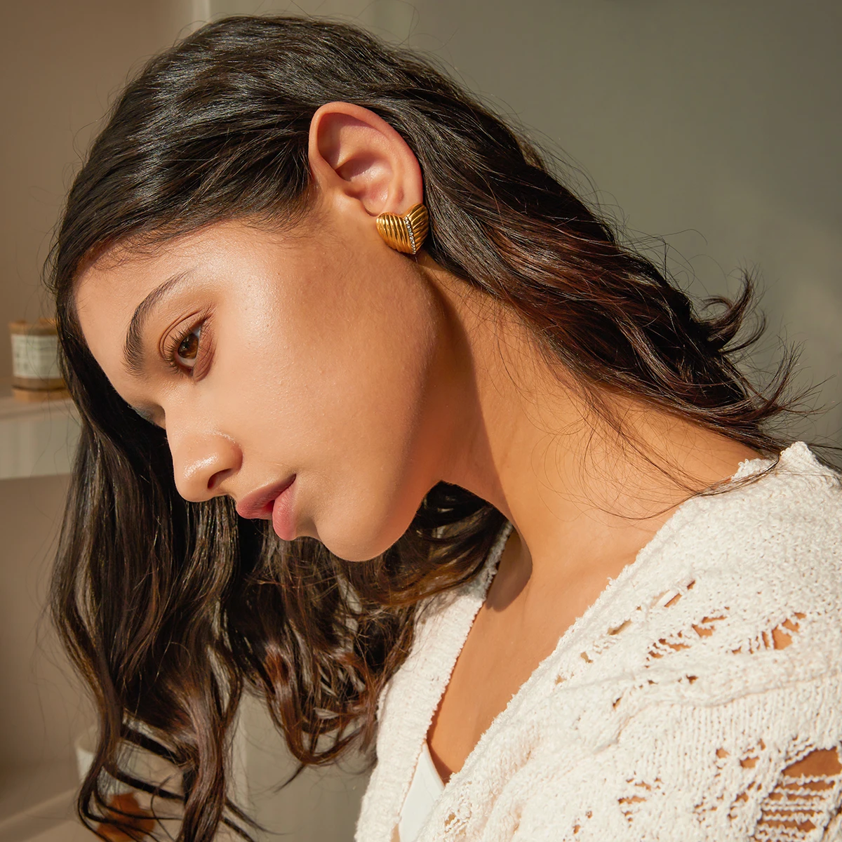 Gold Ribbed Heart Earrings for Women 3 Gold Ribbed Heart Earrings for Women - Image 3