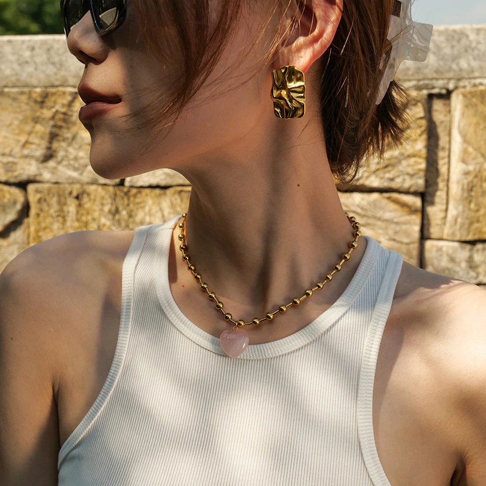 Women's Stainless Steel Gold Necklace with Beads 2 Women's Stainless Steel Gold Necklace with Beads - Image 2