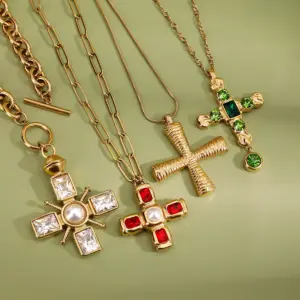 Elegant Stainless Steel Gold-Tone Cross Necklace