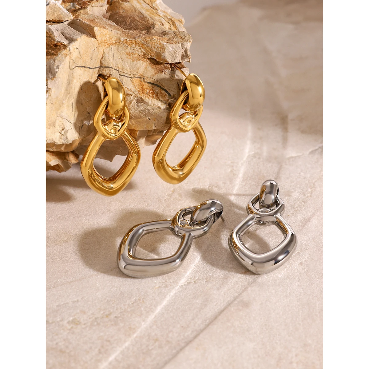 Rhombic Stainless Steel Gold Earrings for Women 3 Rhombic Stainless Steel Gold Earrings for Women - Image 3