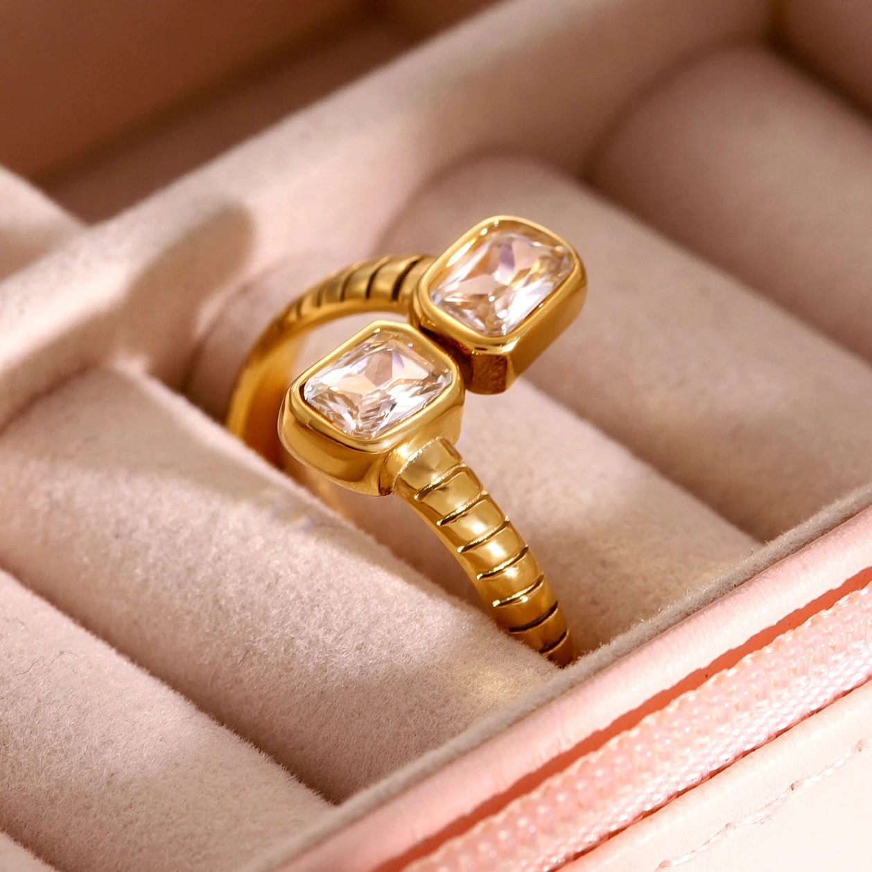 Gold Stainless Steel Open Ring with Artificial Gemstones 4 Gold Stainless Steel Open Ring with Artificial Gemstones - Image 4