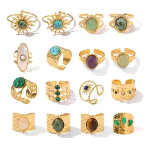 Vintage Gold Stainless Steel Ring with Semi-Precious Stones