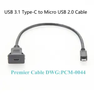 USB-C to Micro USB Panel Mount Cable 0.3m