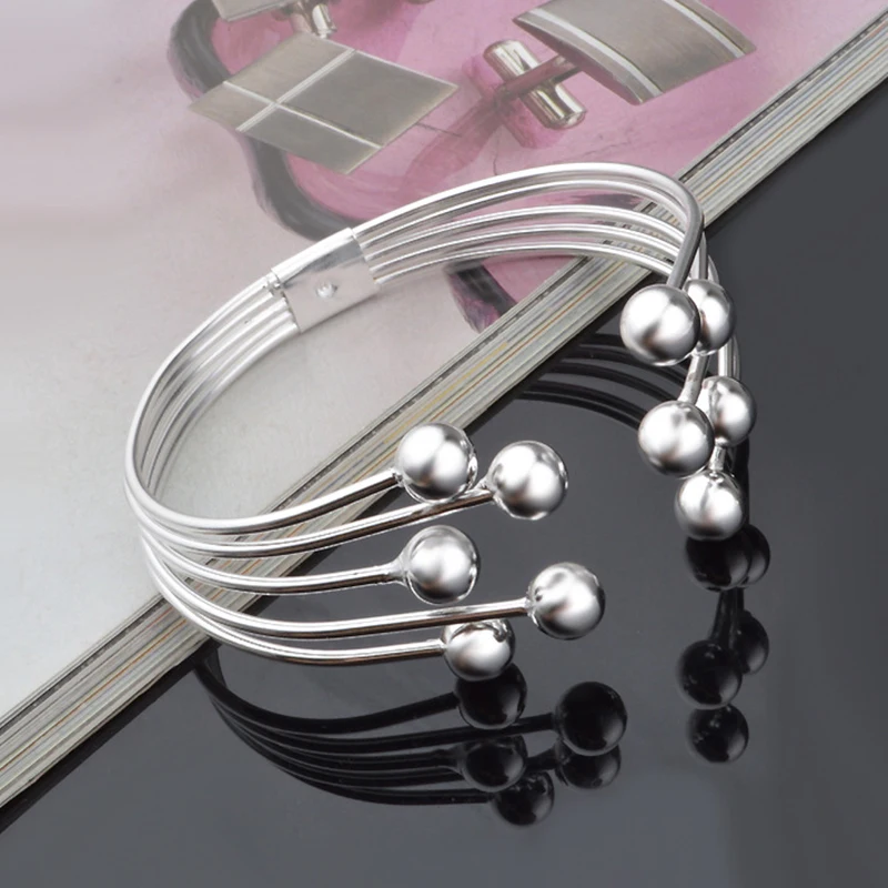 925 Silver Multi-Line Bead Open Cuff Bracelet 4 925 Silver Multi-Line Bead Open Cuff Bracelet - Image 4
