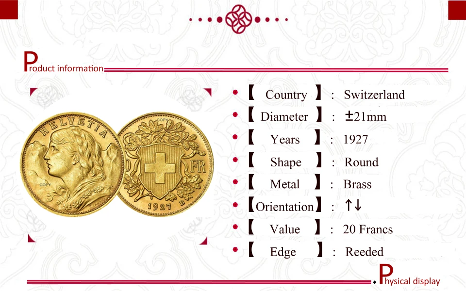 Vintage Swiss 20 Francs Replica Coin 4 Vintage Swiss 20 Francs Replica Coin - Image 4