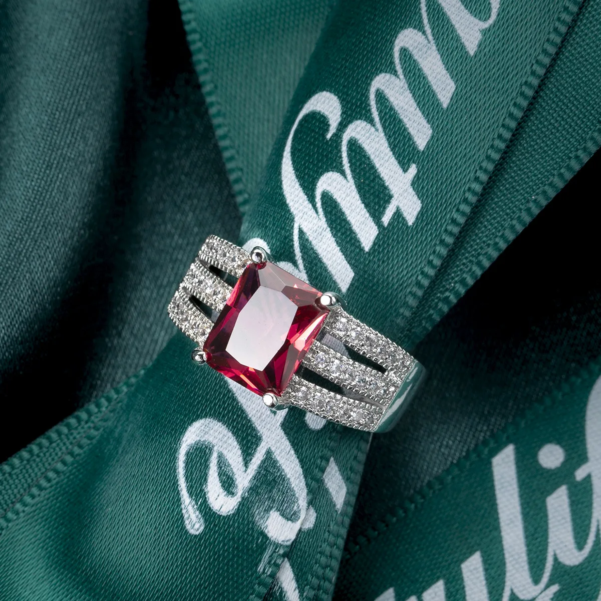 Silver Ring with Red Zircon and Pavé Detailing 3 Silver Ring with Red Zircon and Pavé Detailing - Image 3