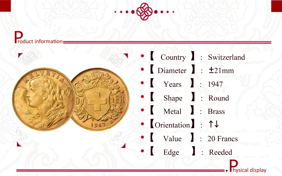 Vintage Swiss 20 Francs Replica Coin 3 Vintage Swiss 20 Francs Replica Coin - Image 3