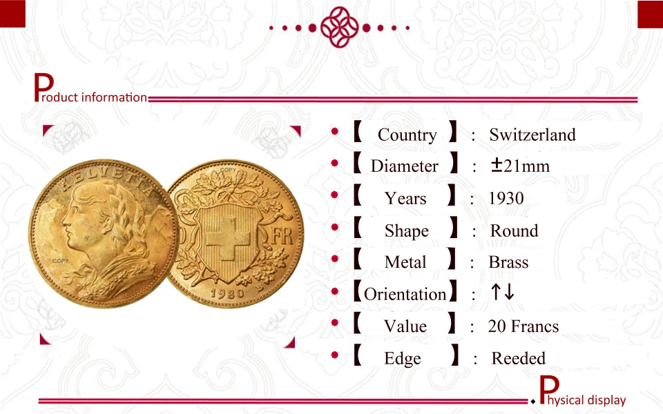 Swiss 1930 Brass Replica Coin 30mm 12g 4 Swiss 1930 Brass Replica Coin 30mm 12g - Image 4