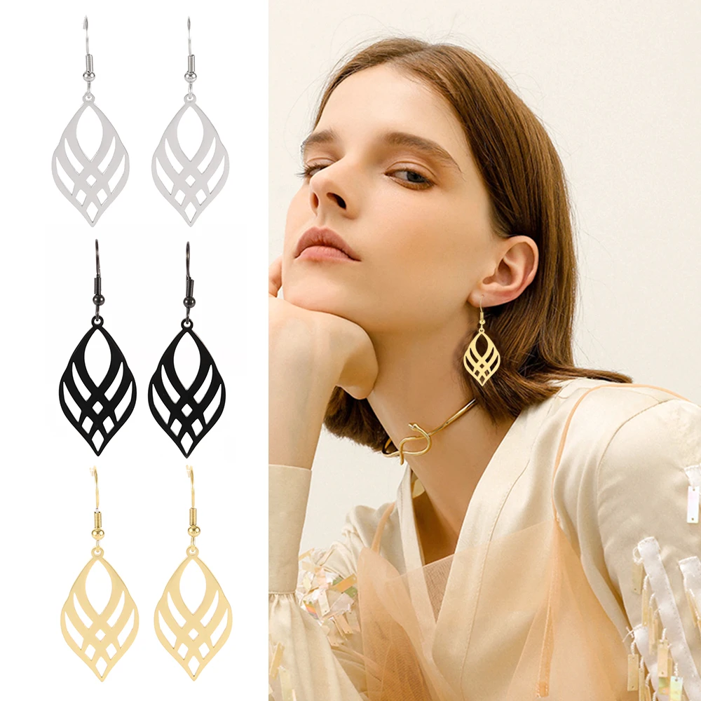 Modern Stainless Steel Drop Earrings with Lattice Design 2 Modern Stainless Steel Drop Earrings with Lattice Design - Image 2