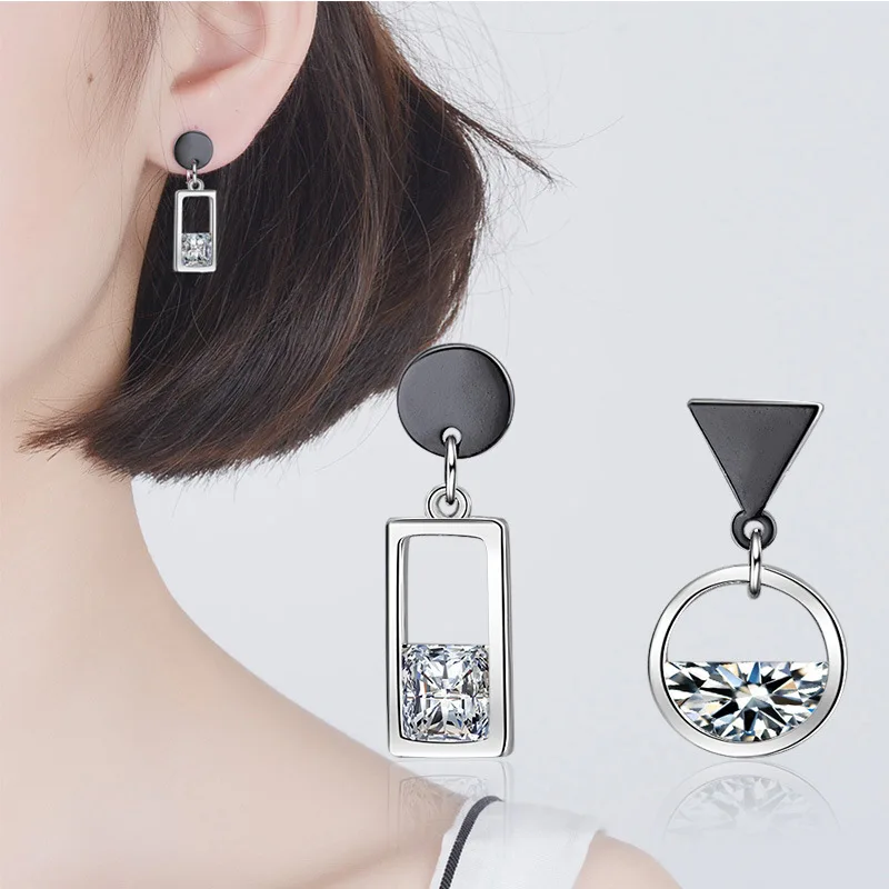 Black Silver Geometric Earrings with Zircon for Women 2 Black Silver Geometric Earrings with Zircon for Women - Image 2