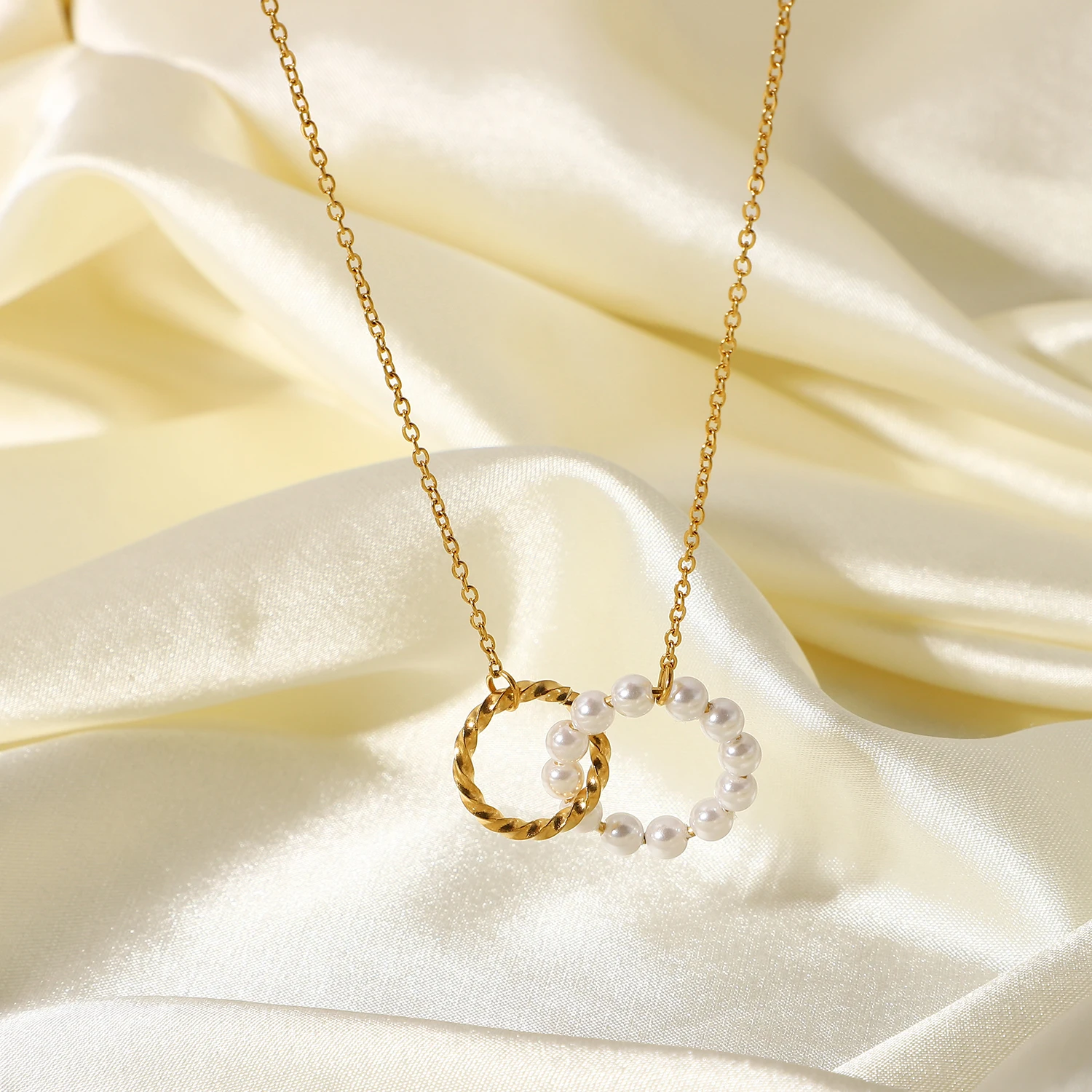 Elegant Stainless Steel Pearl and Gold Necklace 3 Elegant Stainless Steel Pearl and Gold Necklace - Image 3