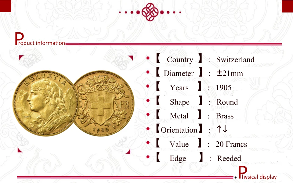Vintage Switzerland 20 Francs Brass Coin Replica 4 Vintage Switzerland 20 Francs Brass Coin Replica - Image 4