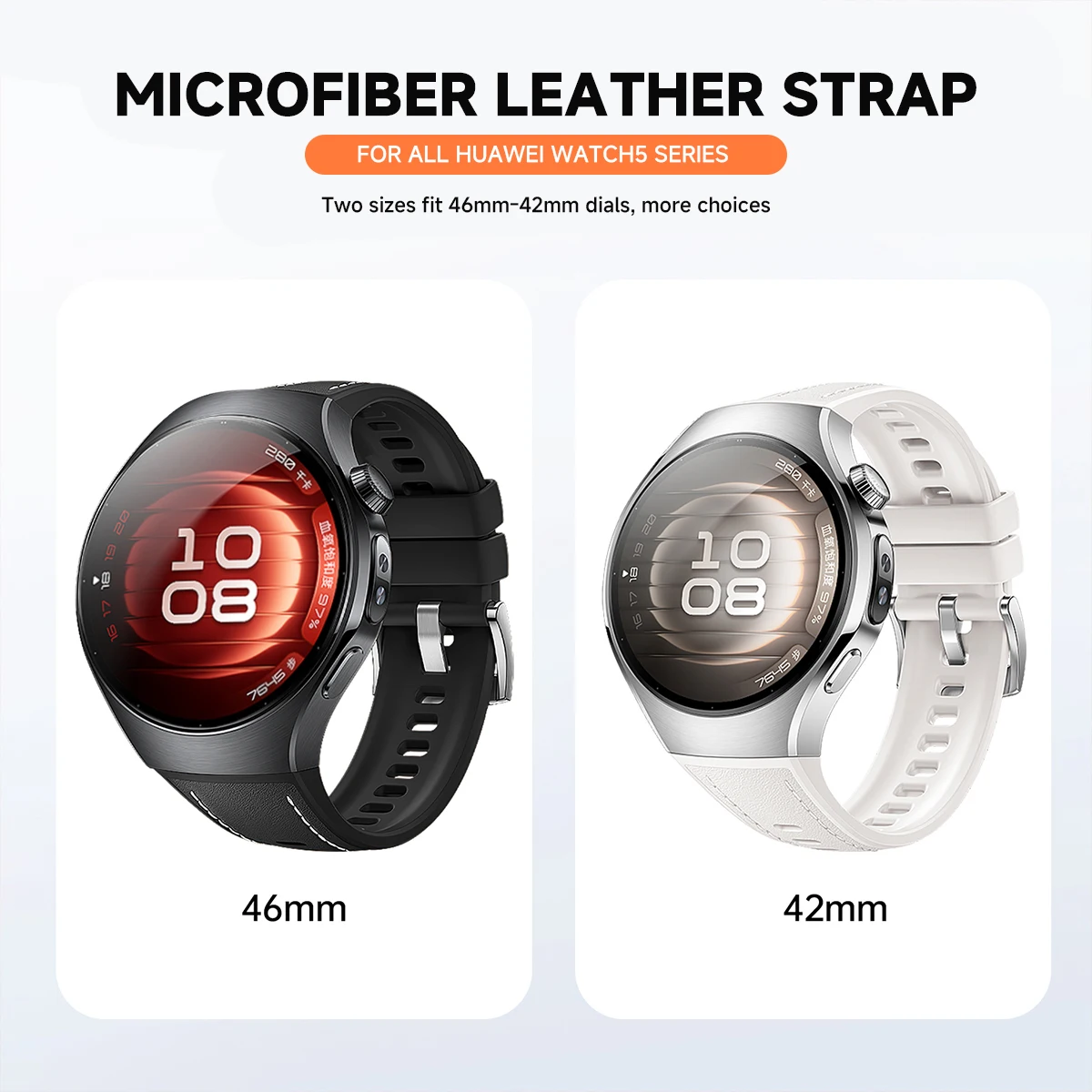 Leather Silicone Strap for Huawei Watch 5 (42mm & 46mm) 2 Leather Silicone Strap for Huawei Watch 5 (42mm & 46mm) - Image 2