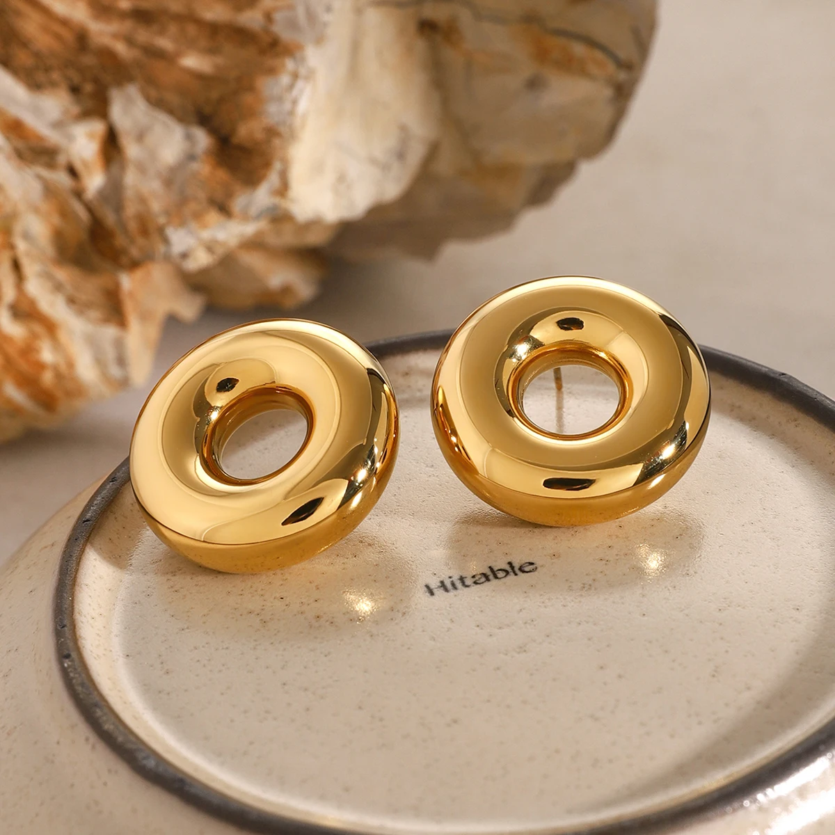 Gold Finish Stainless Steel Oval Earrings 2 Gold Finish Stainless Steel Oval Earrings - Image 2