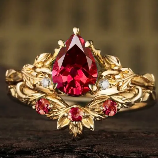 Elegant Red Gem Floral Ring Set for Women 5 Elegant Red Gem Floral Ring Set for Women - Image 5