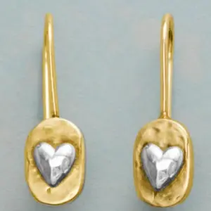Vintage Gold-Dangle Earrings with Silver Hearts