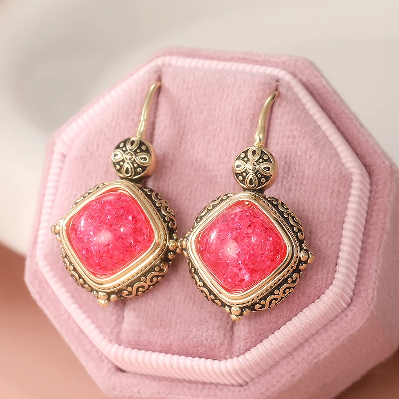 Vintage Gold Square Earrings with Pink and Red Stones 2 Vintage Gold Square Earrings with Pink and Red Stones - Image 2