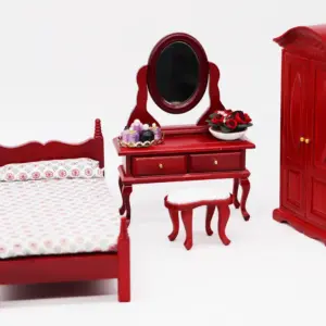 Vintage Red Dollhouse Bedroom Set with Miniatures