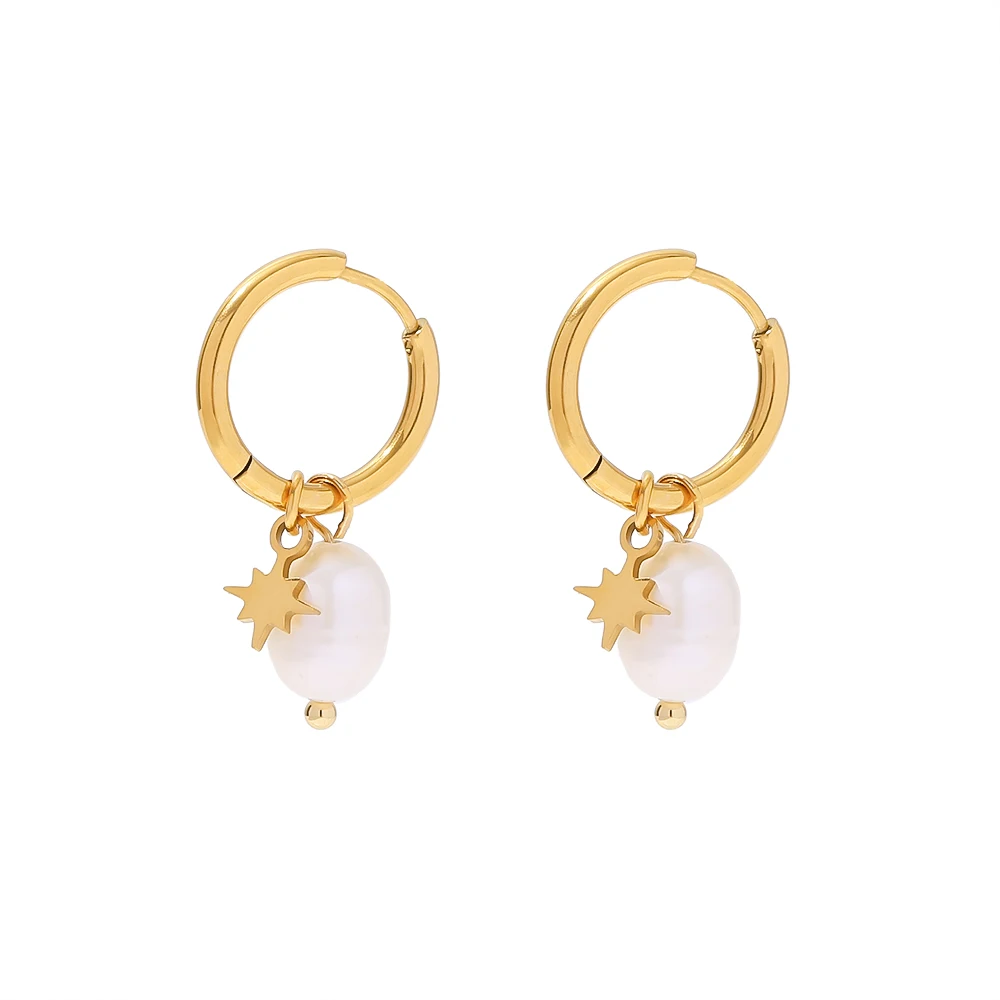 Gold Stainless Steel Hoop Earrings with Pearls 1 Gold Stainless Steel Hoop Earrings with Pearls