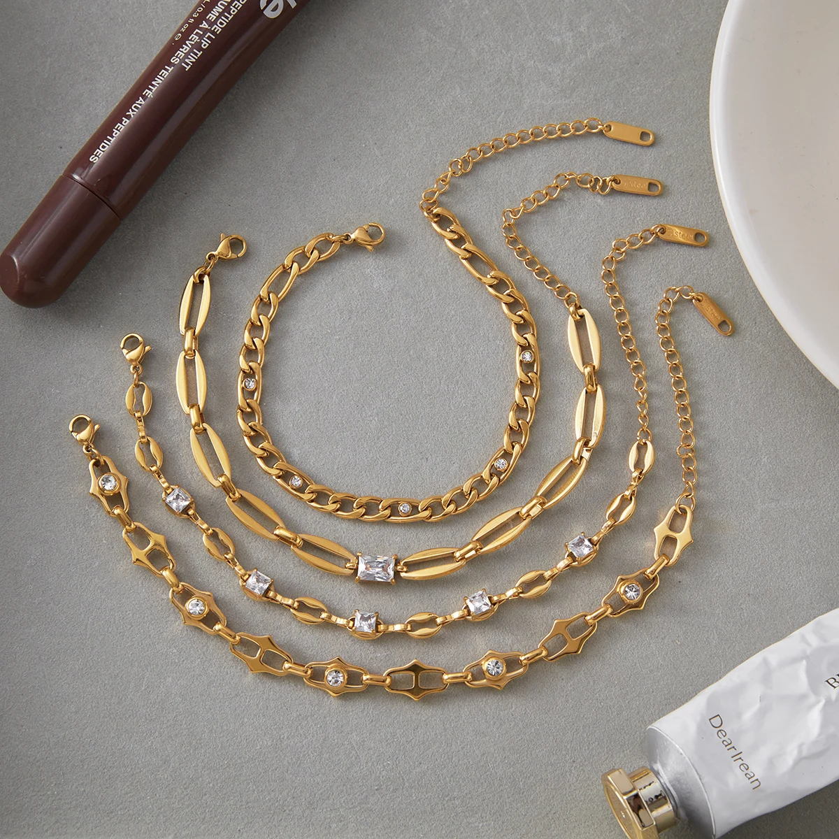 Gold Stainless Steel Skeleton Bracelet with Zircon 4 Gold Stainless Steel Skeleton Bracelet with Zircon - Image 4