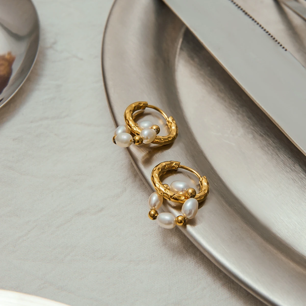 Gold-Tone Stainless Steel Pearl Hoop Earrings 2 Gold-Tone Stainless Steel Pearl Hoop Earrings - Image 2