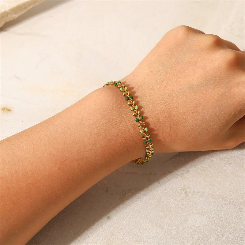 Green Dripping Olive Leaf Stainless Steel Bracelet 4 Green Dripping Olive Leaf Stainless Steel Bracelet - Image 4