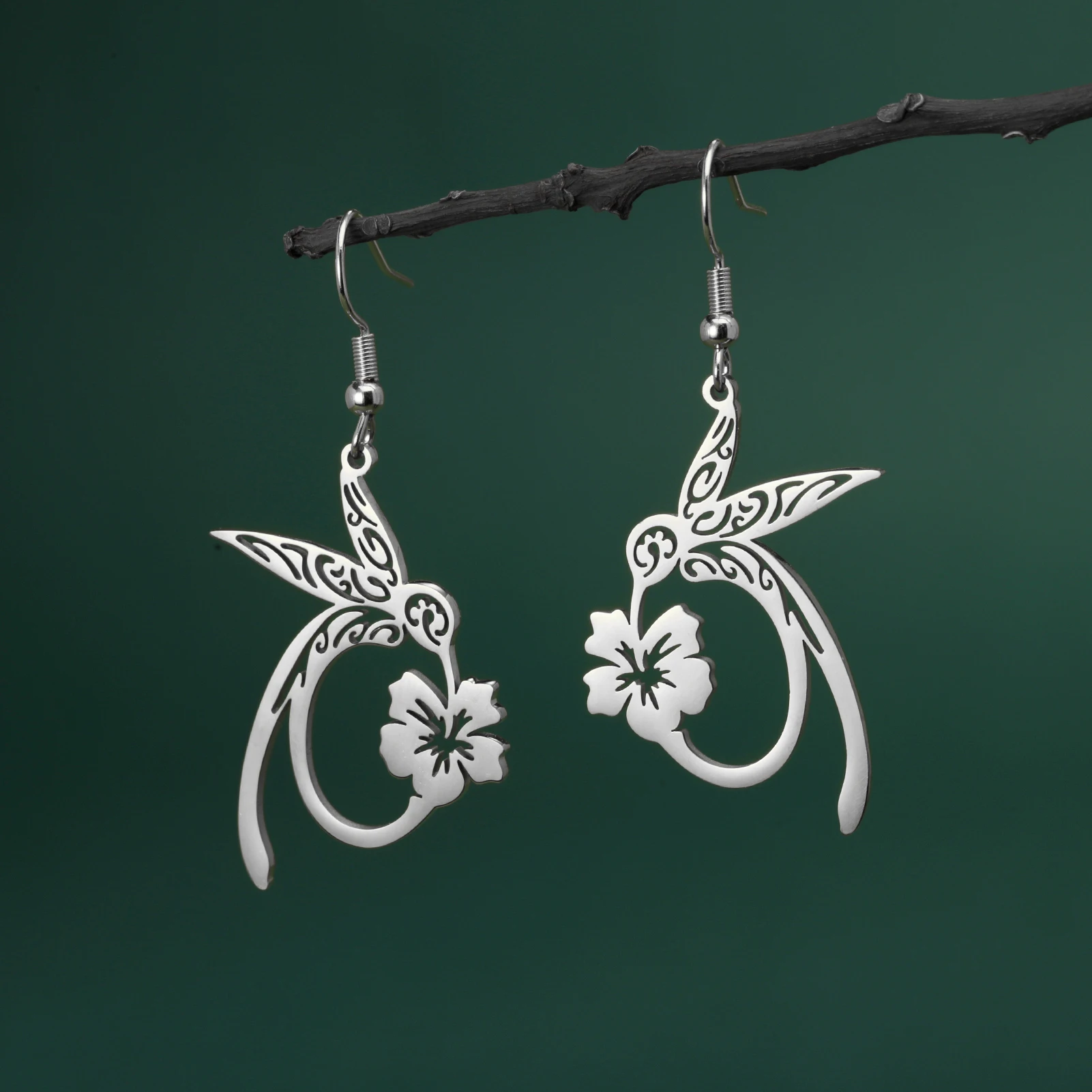 Stainless Steel Hummingbird & Flower Earrings 2 Stainless Steel Hummingbird & Flower Earrings - Image 2