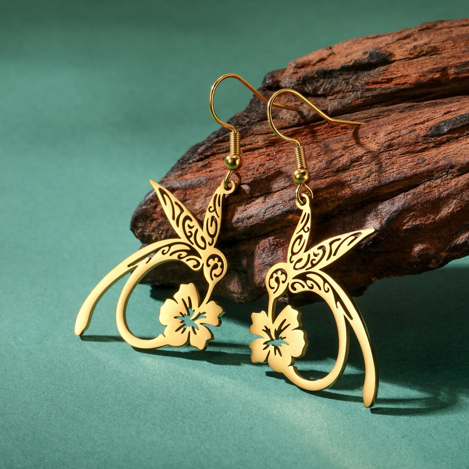 Stainless Steel Hummingbird & Flower Earrings 3 Stainless Steel Hummingbird & Flower Earrings - Image 3