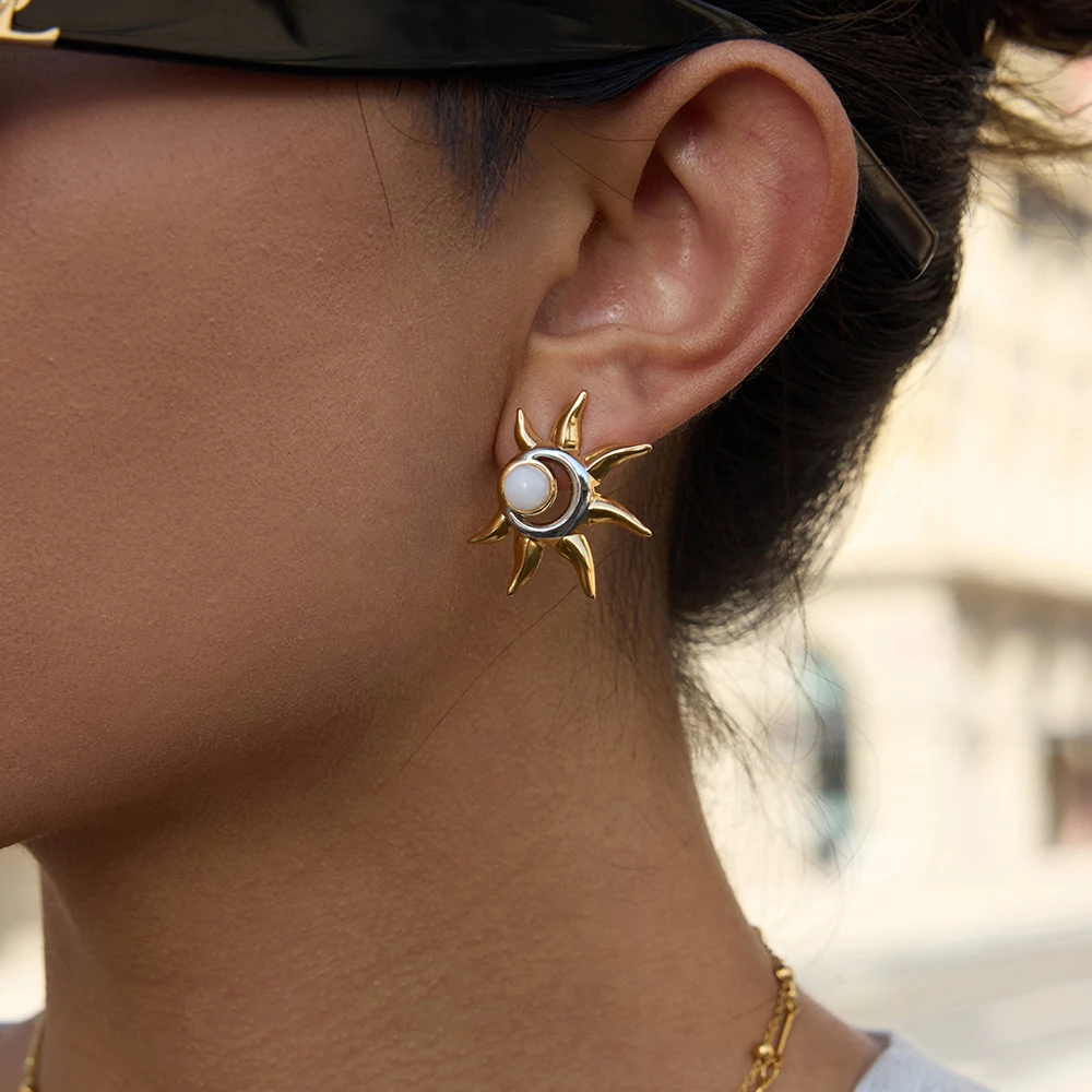 Celestial Sun & Moonstone Earrings in Stainless Steel 3 Celestial Sun & Moonstone Earrings in Stainless Steel - Image 3