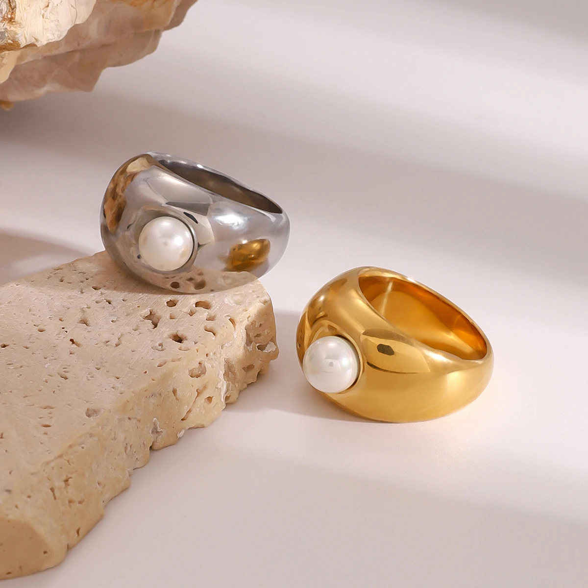 Stainless Steel Pearl Ring Set for Women 5 Stainless Steel Pearl Ring Set for Women - Image 5