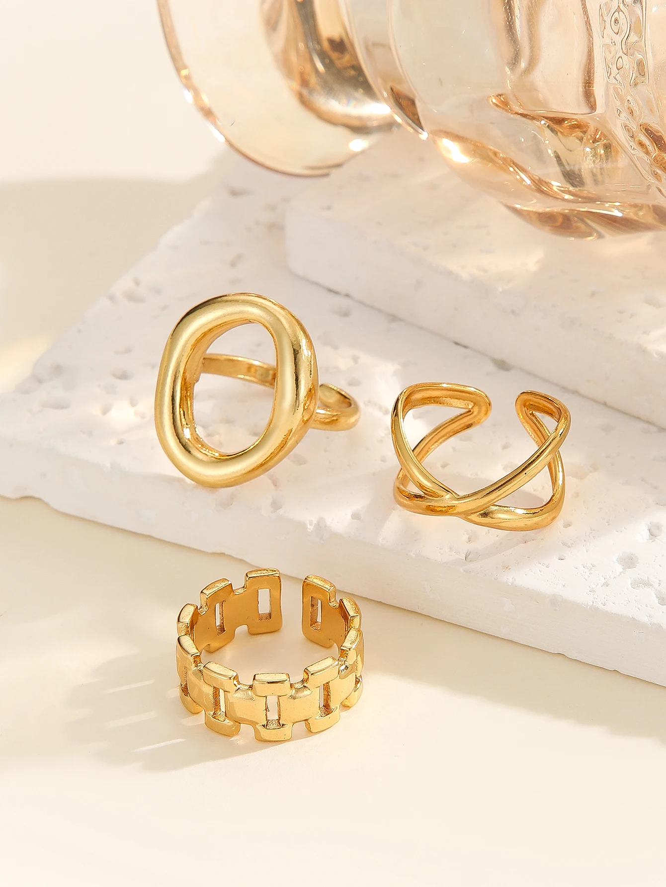 Stylish Set of Three Gold Geometric Rings 4 Stylish Set of Three Gold Geometric Rings - Image 4