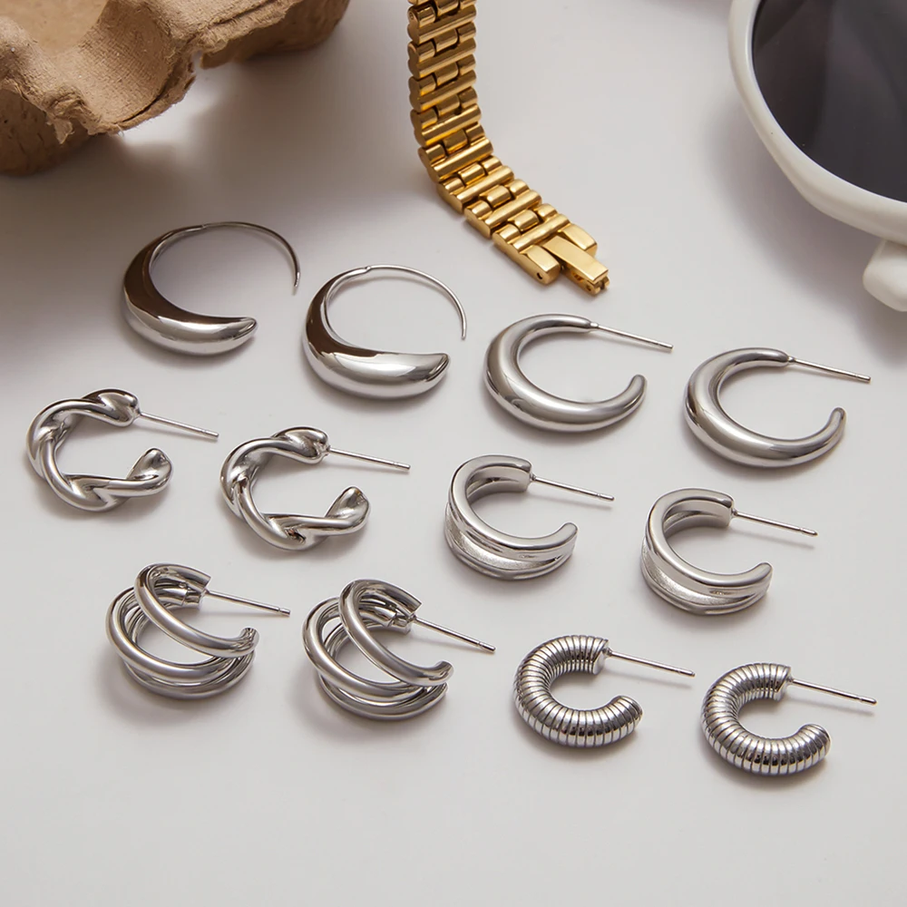 Gold Stainless Steel C-Shaped Hoop Earrings Collection 6 Gold Stainless Steel C-Shaped Hoop Earrings Collection - Image 6