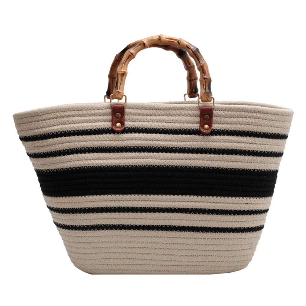 Cotton Woven Summer Handbag with Bamboo Handle 4 Cotton Woven Summer Handbag with Bamboo Handle - Image 4
