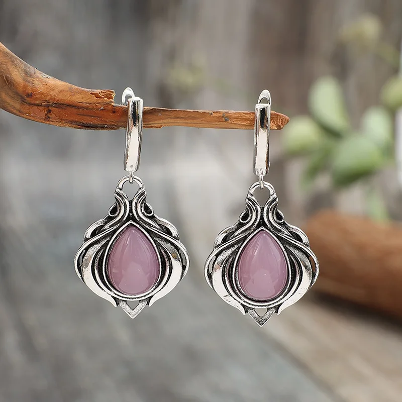 Vintage Silver Water Droplet Earrings with Pink Stones 5 Vintage Silver Water Droplet Earrings with Pink Stones - Image 5
