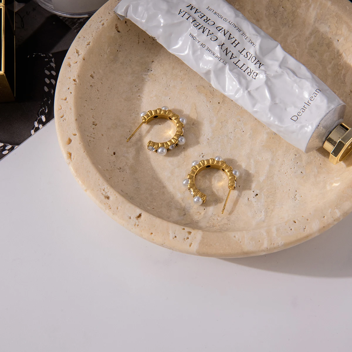 Stainless Steel Gold Finish Pearl Hoop Earrings 5 Stainless Steel Gold Finish Pearl Hoop Earrings - Image 5