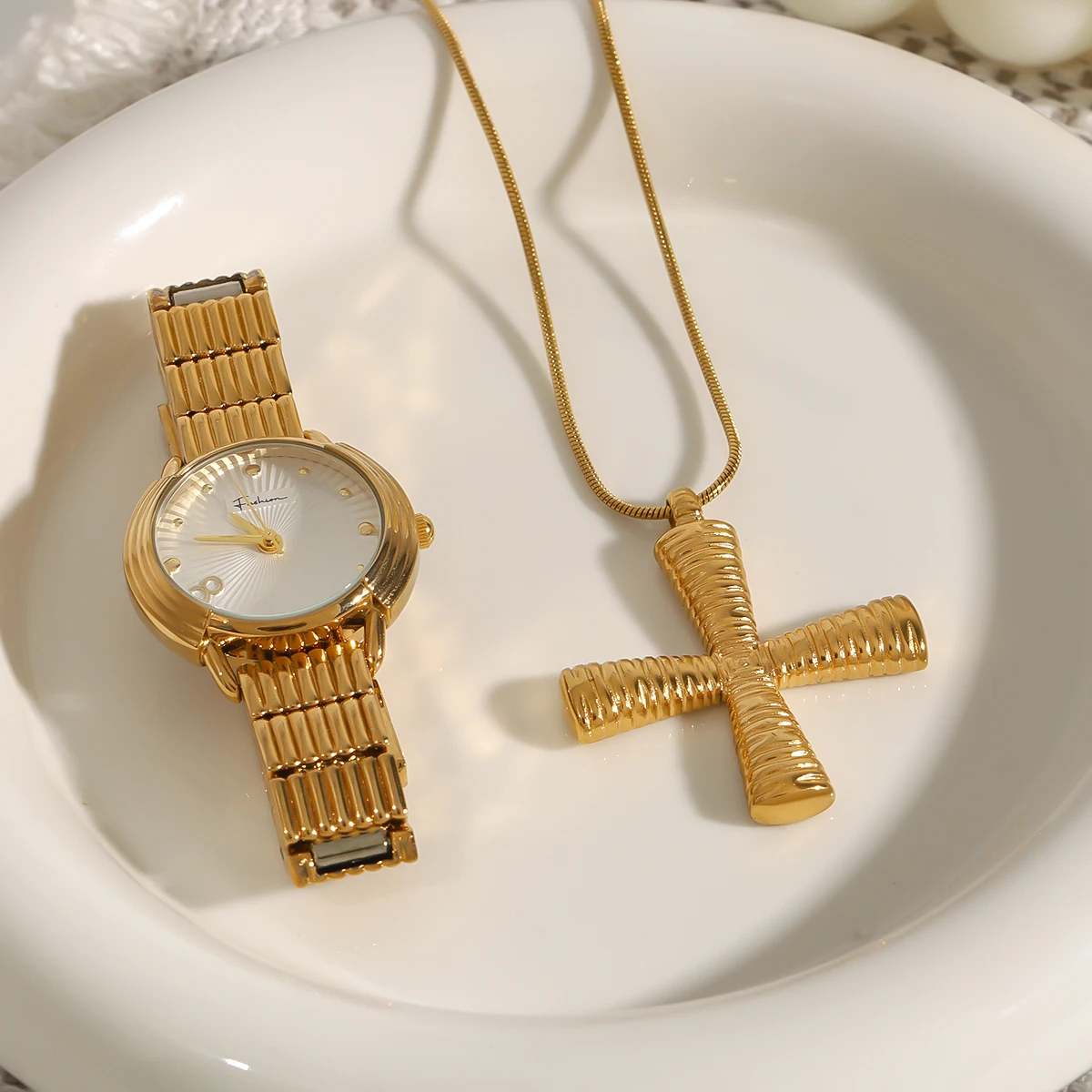 Elegant Stainless Steel Gold Cross Necklace 3 Elegant Stainless Steel Gold Cross Necklace - Image 3