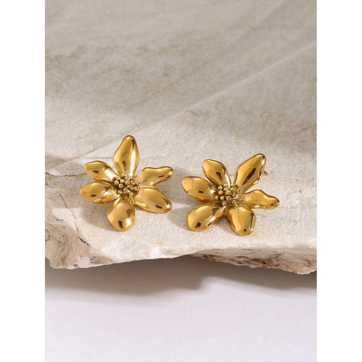 Stainless Steel Gold Flower Earrings 3 Stainless Steel Gold Flower Earrings - Image 3