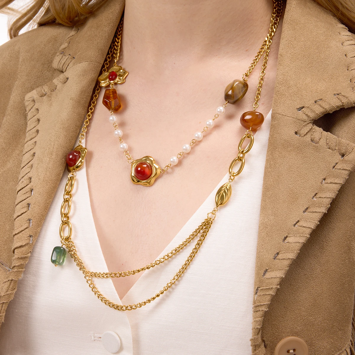 Vintage Gold-Tone Stainless Steel Necklace with Red Agate 2 Vintage Gold-Tone Stainless Steel Necklace with Red Agate - Image 2