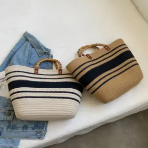 Cotton Woven Summer Handbag with Bamboo Handle 12 S1070d37e5bea4b3bac48aab772d1a1ceU