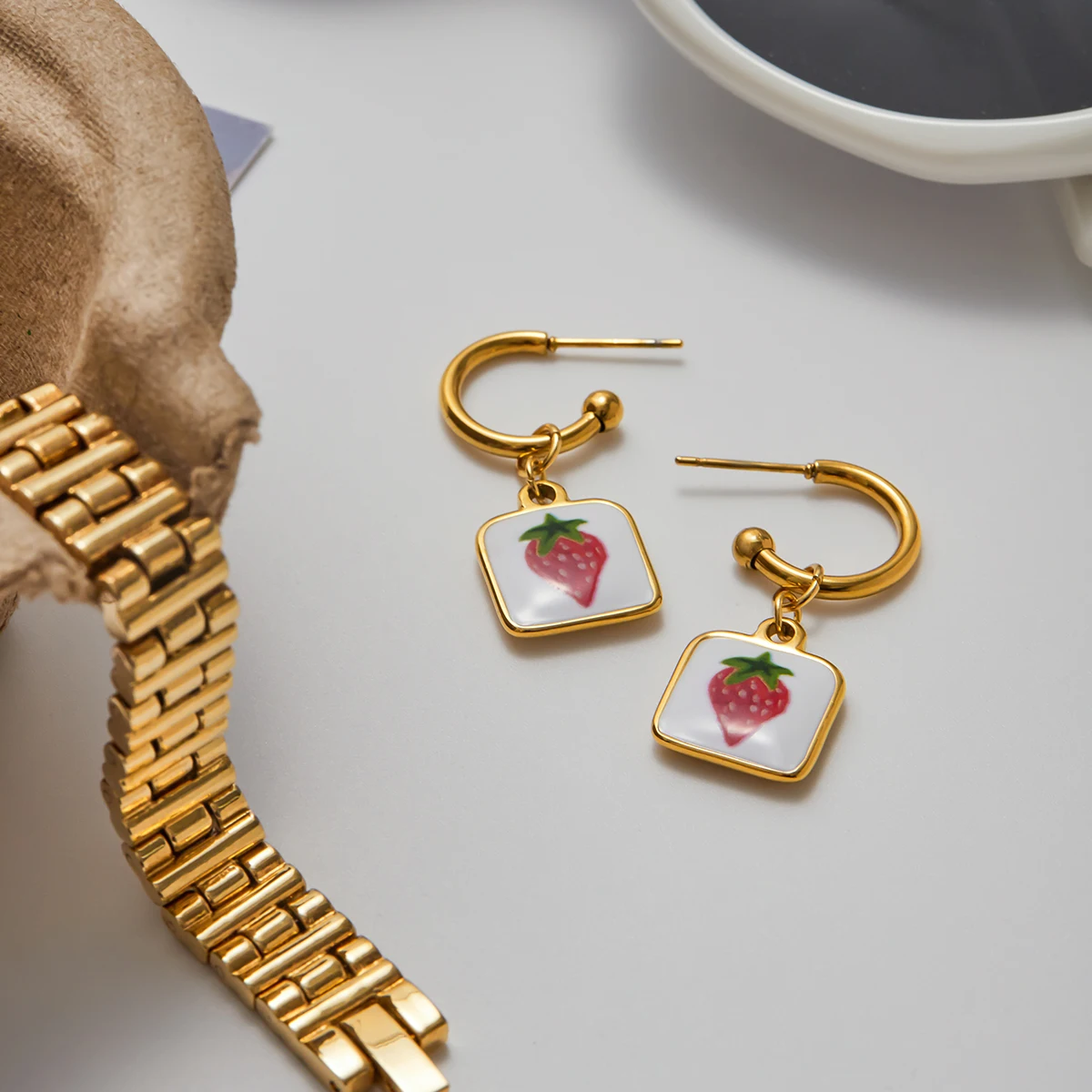 Stainless Steel Cherry Hoop Earrings JDE0205002 5 Stainless Steel Cherry Hoop Earrings JDE0205002 - Image 5