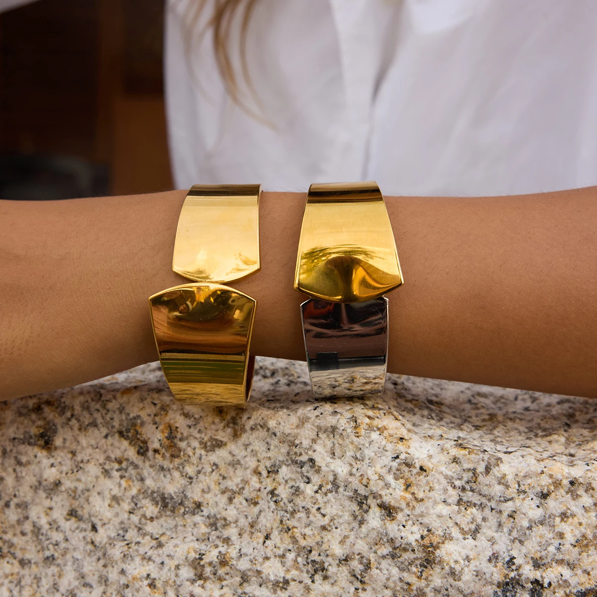 Gold Stainless Steel Geometric Cuff Bracelet for Women 2 Gold Stainless Steel Geometric Cuff Bracelet for Women - Image 2