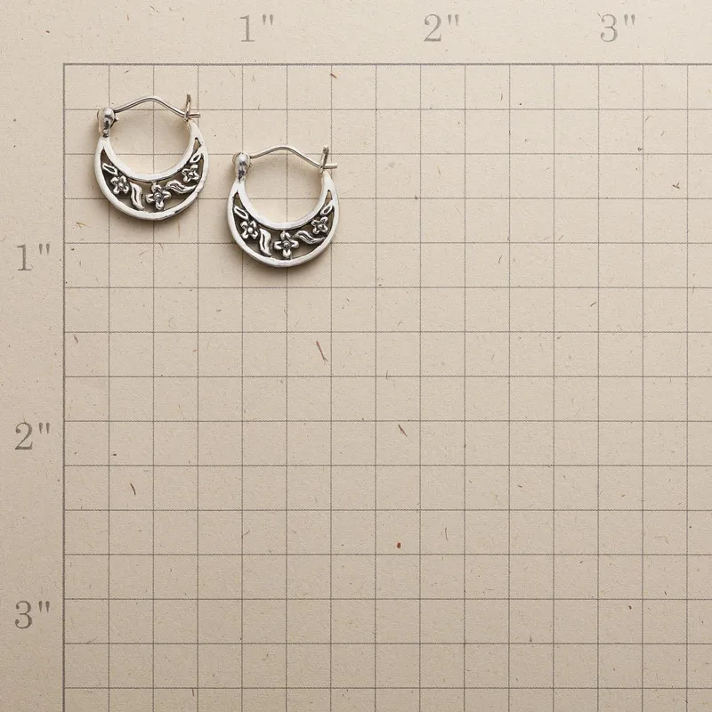 Vintage Silver Floral Hoop Earrings for Women 2 Vintage Silver Floral Hoop Earrings for Women - Image 2