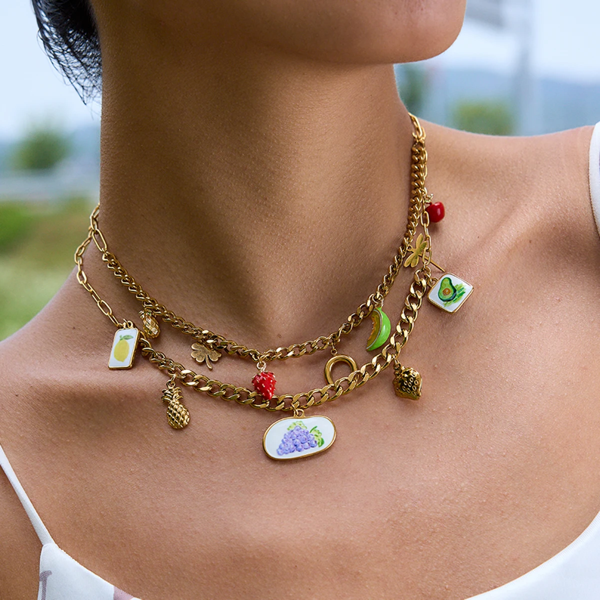 Gold Stainless Steel Layered Necklace with Charms 3 Gold Stainless Steel Layered Necklace with Charms - Image 3