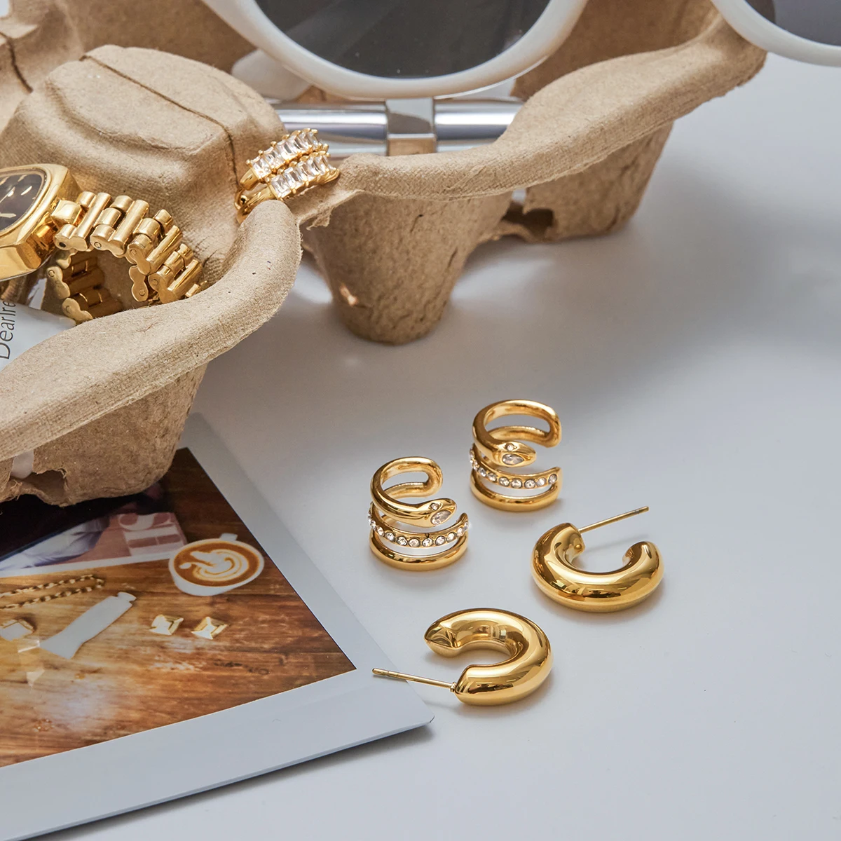 Waterproof Gold Steel Earrings for Sensitive Skin 4 Waterproof Gold Steel Earrings for Sensitive Skin - Image 4