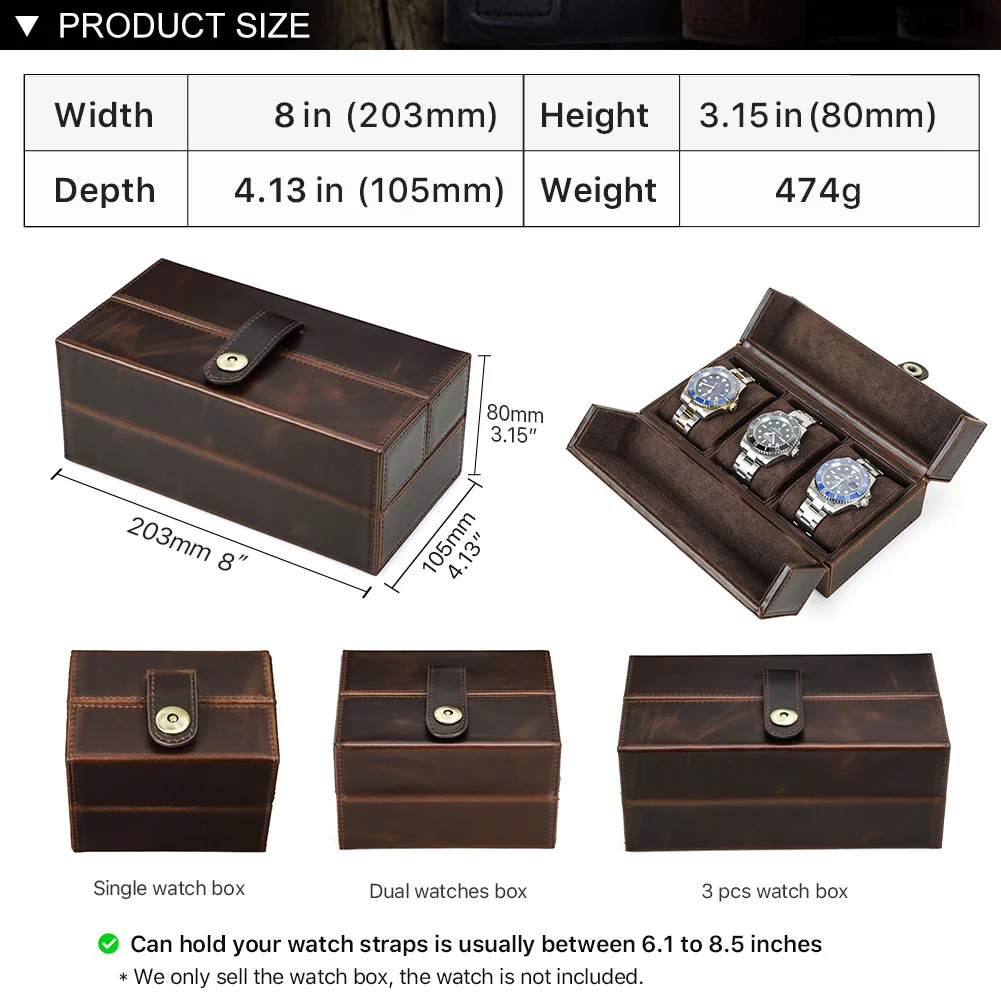 Coffee Leather Watch Case with 3 Slots 6 Coffee Leather Watch Case with 3 Slots - Image 6