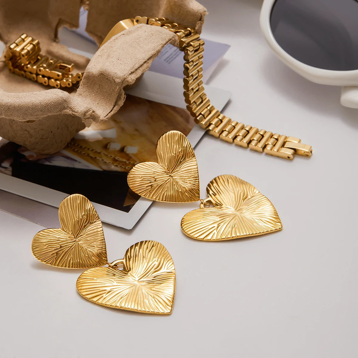 Gold Stainless Steel Textured Heart Earrings 5 Gold Stainless Steel Textured Heart Earrings - Image 5