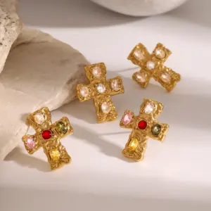 Vintage Stainless Steel Gold Cross Earrings with Zirconia 11 S199553950c5244c5a8728f50e7f96022S