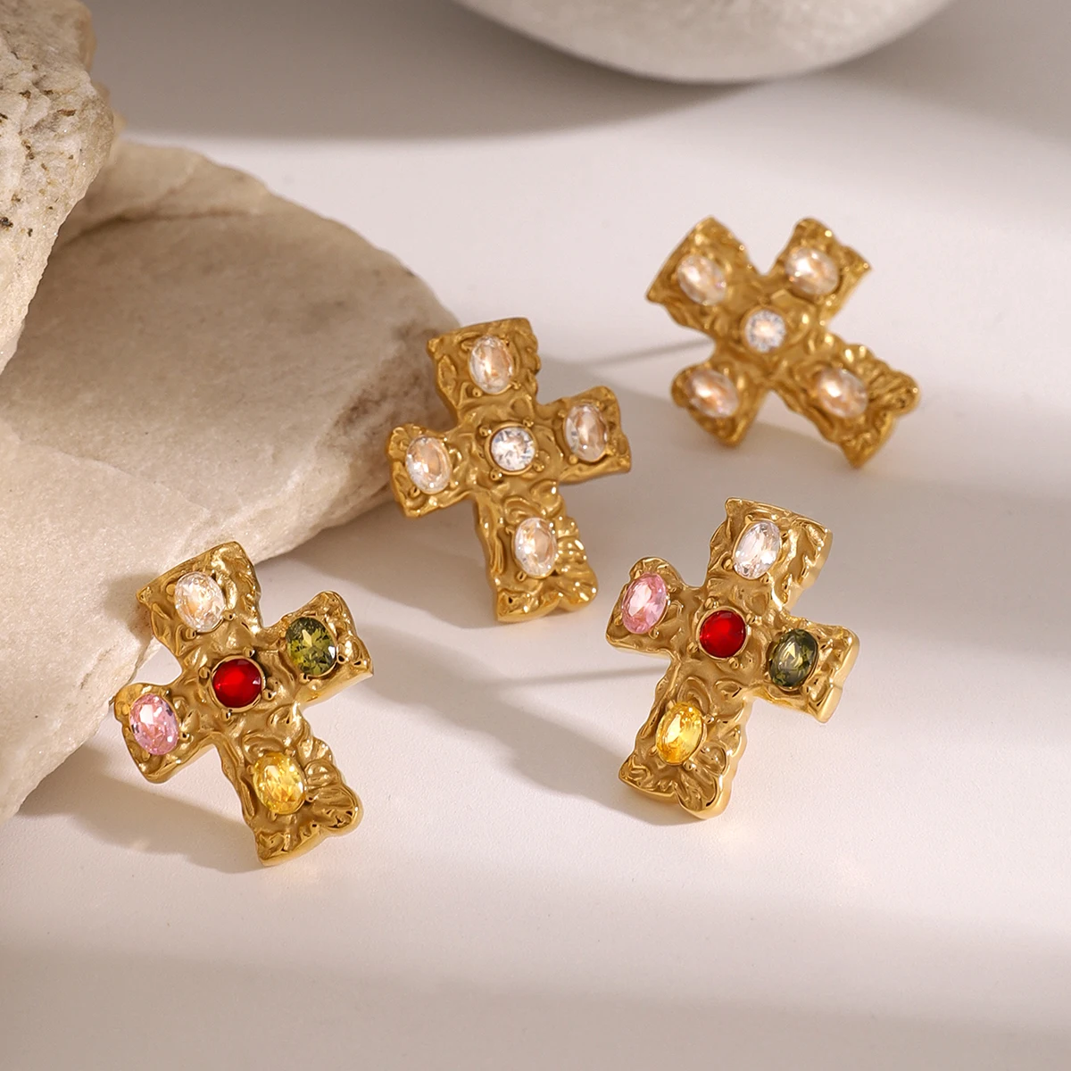 Vintage Stainless Steel Gold Cross Earrings with Zirconia 4 Vintage Stainless Steel Gold Cross Earrings with Zirconia - Image 4
