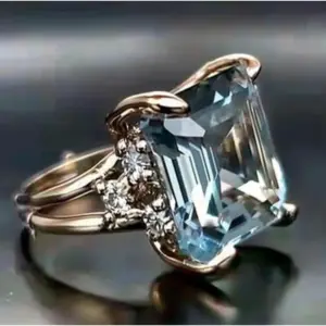 Blue and White Emerald-Cut Cocktail Ring