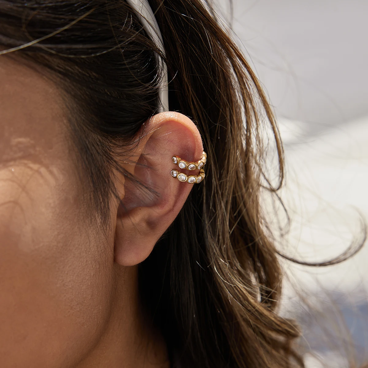 Stainless Steel Gold & Zircon C-Shape Earrings 3 Stainless Steel Gold & Zircon C-Shape Earrings - Image 3